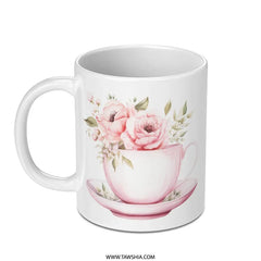 Floral Mug, Tea Cup Design Mug, Watercolor Roses Mug, Flower Lover Gift, Tea Party Mug, Unique Coffee Mug, Pink Floral Mug - Tawshia