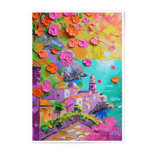 Amalfi Coast Photographic Print, Italian Village Art, Floral Town Scenery, Colorful Wall Decor, Travel Photography Print - Tawshia