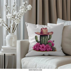 Cactus Cowboy Pillow, Western Decor Pillow, Pink Flowers Pillow, Desert Home Decor, Southwest Pillow, Floral Throw Pillow, Farmhouse Pillow - Tawshia
