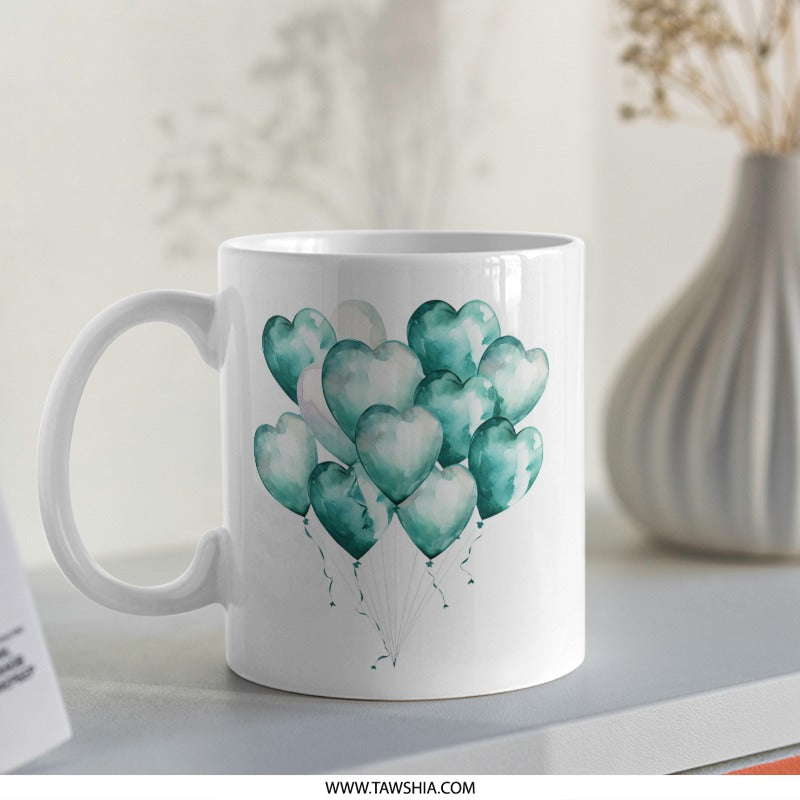 Heart Balloon Mug, Watercolor Balloons Coffee Mug, Teal Balloons Gift, Balloon Mug, Anniversary Mug, Celebration Gift - Tawshia