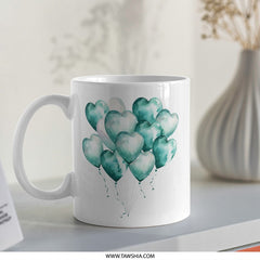Heart Balloon Mug, Watercolor Balloons Coffee Mug, Teal Balloons Gift, Balloon Mug, Anniversary Mug, Celebration Gift - Tawshia