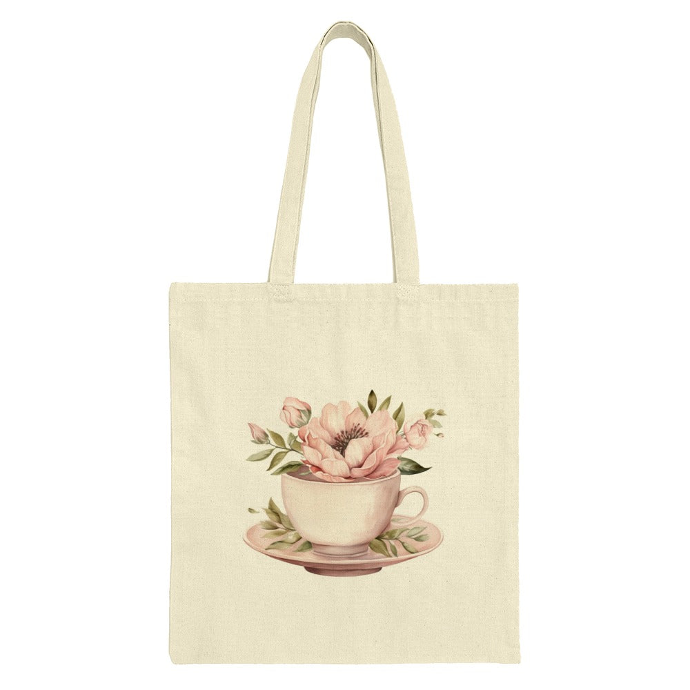 Floral Tea Cup Tote Bag, Flower Arrangement in Teacup, Aesthetic Tote, Watercolor Design, Botanical Art, Gift for Her, Book Lover, Cute - Tawshia
