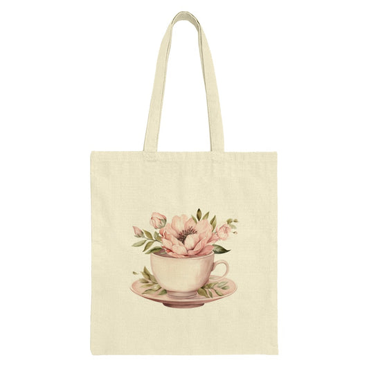 Floral Tea Cup Tote Bag, Flower Arrangement in Teacup, Aesthetic Tote, Watercolor Design, Botanical Art, Gift for Her, Book Lover, Cute - Tawshia