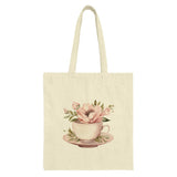 Floral Tea Cup Tote Bag, Flower Arrangement in Teacup, Aesthetic Tote, Watercolor Design, Botanical Art, Gift for Her, Book Lover, Cute - Tawshia