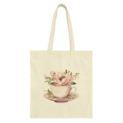 Floral Tea Cup Tote Bag, Flower Arrangement in Teacup, Aesthetic Tote, Watercolor Design, Botanical Art, Gift for Her, Book Lover, Cute - Tawshia