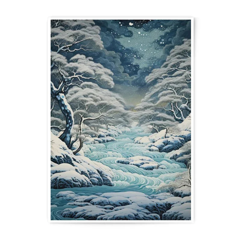 Winter River Photographic Print, Snowy Landscape Art, Celestial Night Sky, Serene Nature Scene, Wall Decor, Home Decor - Tawshia