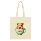 Spring Teddy Bear Tote Bag, Cute Animal Canvas Bag, Whimsical Floral Design, Gift for Bear Lovers, Unique Shopping Bag - Tawshia