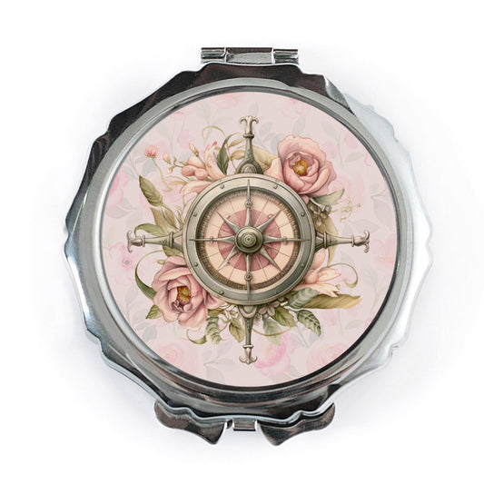 Compass Rose Floral Mirror, Pocket Mirror, Travel Mirror, Nautical Decor, Flower Mirror, Makeup Mirror, Compact Mirror, Gift For Her - Tawshia