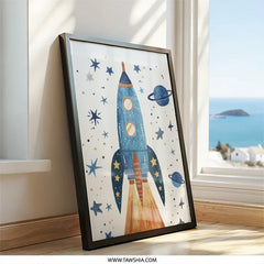 Rocket Ship Wall Art, Space Theme Print, Kids Room Decor, Nursery Art, Outer Space Art Print, Childrens Wall Art - Tawshia