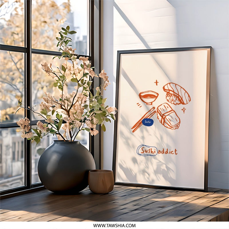 Sushi Lover Wall Art, Sushi Addict Print, Foodie Decor, Japanese Cuisine Art, Minimalist Kitchen Art, Trendy Wall Decor - Tawshia