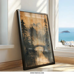 Misty Mountain Bridge Wall Art, Landscape Painting Print, Asian Inspired Art, Forest Reflection Print, Nature Home Decor - Tawshia