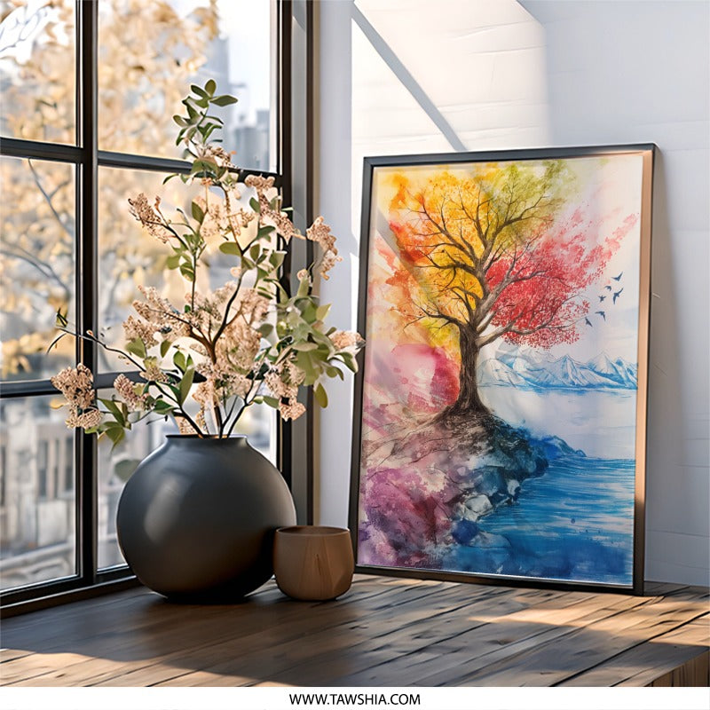 Four Seasons Tree Wall Art, Watercolor Tree Art Print, Mountain Lake Painting, Nature Landscape Art, Home Decor Wall Hanging, Modern Art - Tawshia