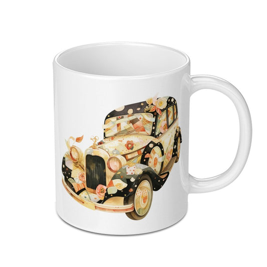 Vintage Car Mug, Classic Auto, Antique Vehicle, Flower Power, Retro Automotive, Art Deco, Gift for Car Lovers, Coffee Mug, Tea Mug - Tawshia