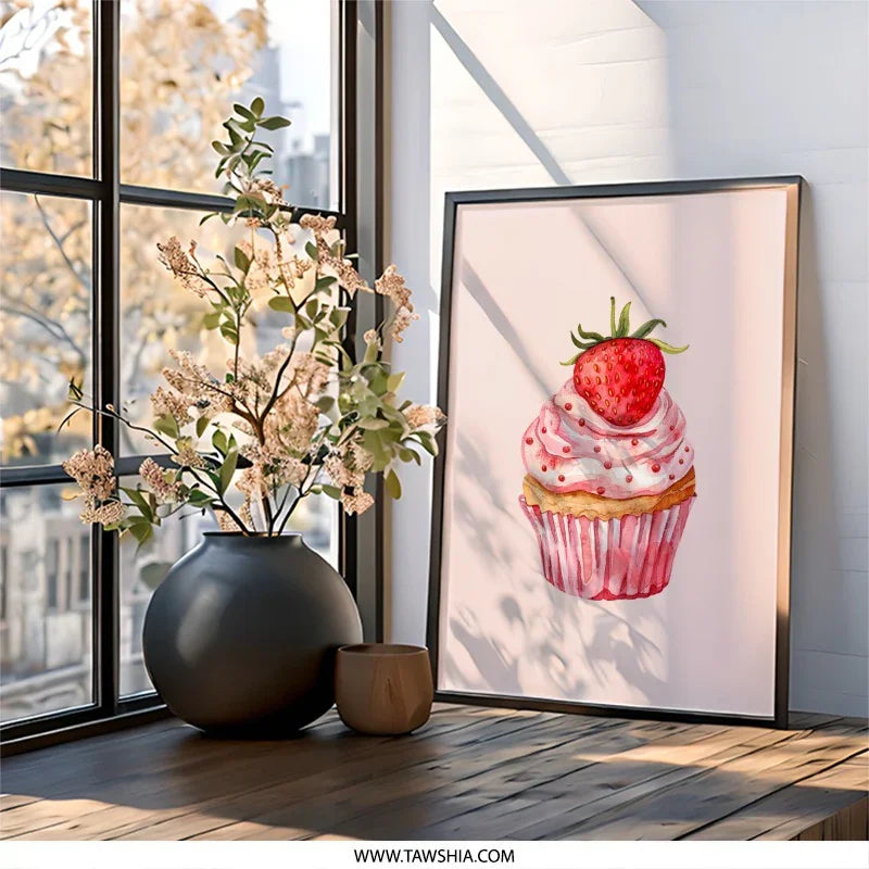 Strawberry Cupcake Wall Art, Watercolor Painting, Sweet Treat Decor, Kitchen Art Print, Bakery Poster, Foodie Gift Idea - Tawshia