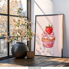 Strawberry Cupcake Wall Art, Watercolor Painting, Sweet Treat Decor, Kitchen Art Print, Bakery Poster, Foodie Gift Idea - Tawshia