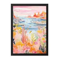 Floral Landscape Wall Art, River View Artwork, Birds Painting, Pink Sky Scenery Print, Cityscape Illustration, Nature Home Decor - Tawshia