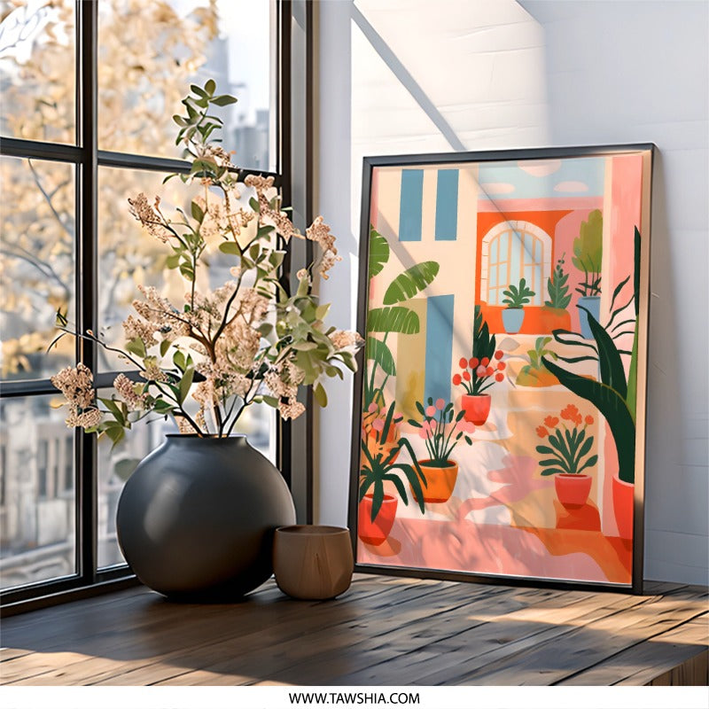 Italian Street Wall Art, Potted Plant Print, Botanical Home Decor, Houseplant Art, Urban Oasis Painting, Mediterranean Scene Artwork - Tawshia