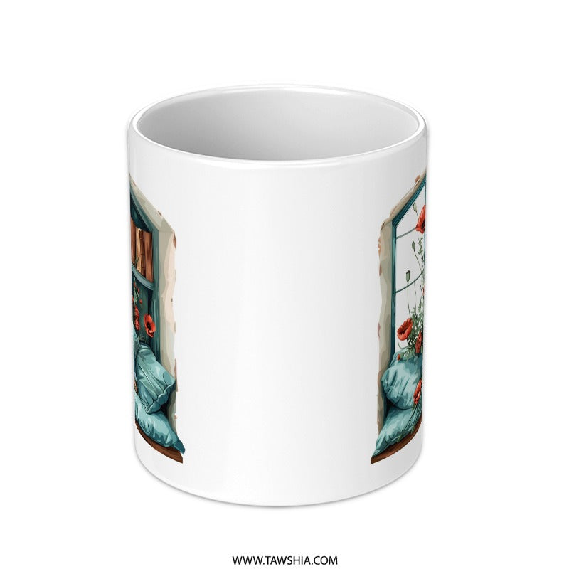 Window Seat Mug, Poppies and Books, Cozy Reading Nook Gift, Book Lover Present, Floral Mug, Literary Mug, Readers Gift, Home Decor - Tawshia