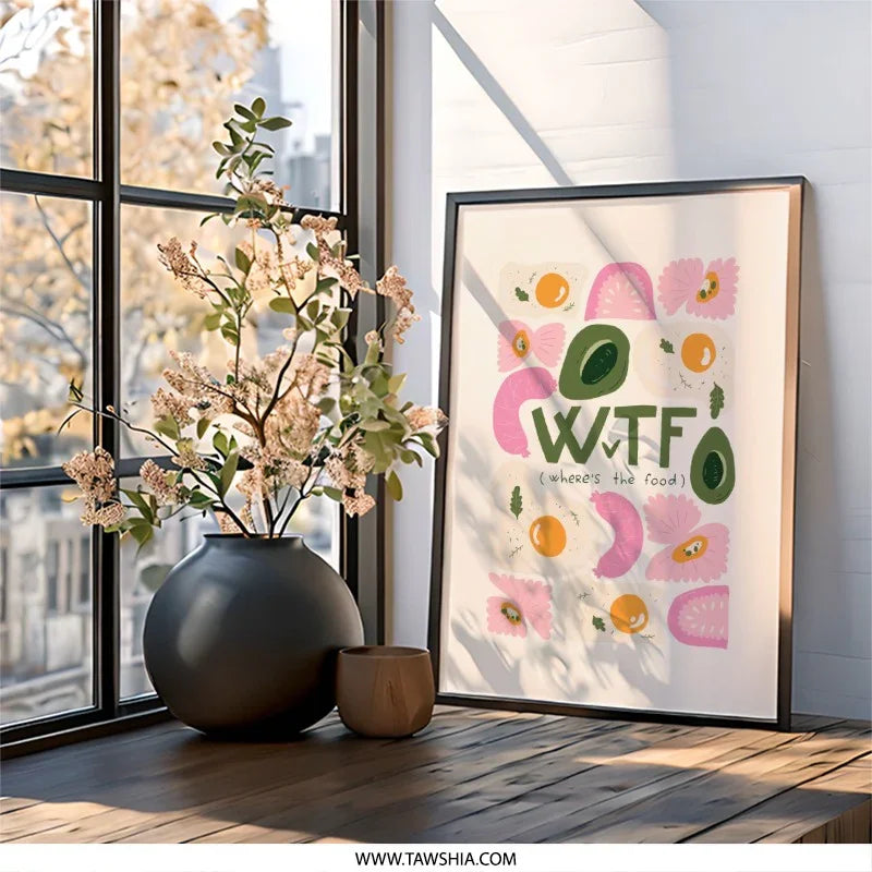 WTF Where's the Food Wall Art, Funny Kitchen Decor, Foodie Gift, Quirky Art Print, Breakfast Eggs, Avocado, Cute Home Decor - Tawshia