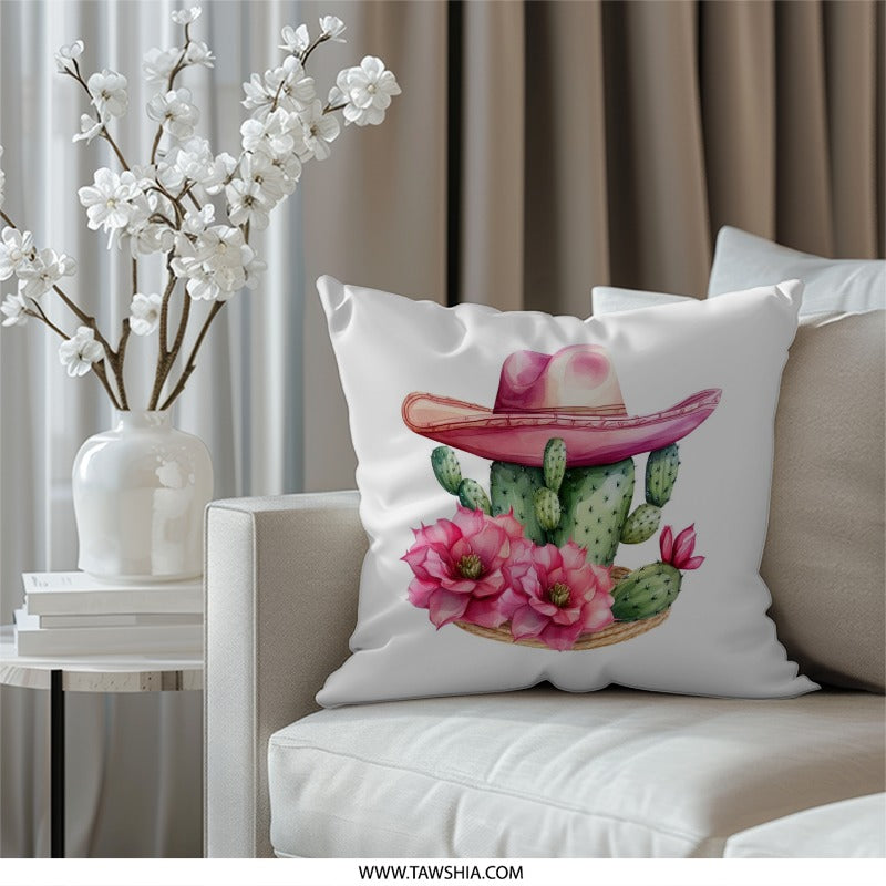 Cactus Pillow, Pink Cowboy Hat Pillow, Desert Flower Decor, Western Accent Pillow, Southwestern Home Decor Pillow, Botanical Cushion - Tawshia