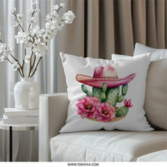 Cactus Pillow, Pink Cowboy Hat Pillow, Desert Flower Decor, Western Accent Pillow, Southwestern Home Decor Pillow, Botanical Cushion - Tawshia