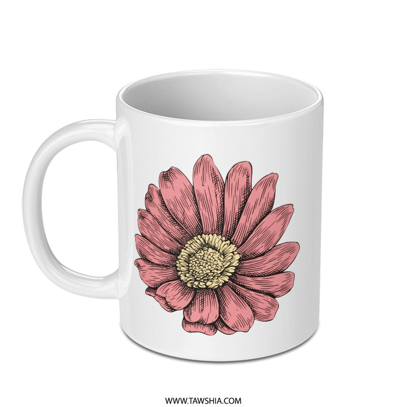 Pink Daisy Flower Mug, Floral Design Cup, Botanical Coffee Mug, Springtime Drinkware, Gift Idea for Her, Nature Lover Present - Tawshia
