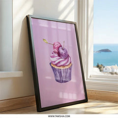 Cherry Cupcake Wall Art, Purple Pink Watercolor Painting, Sweet Treat Decor, Foodie Gift Idea, Dessert Print, Kitchen Art (138) - Tawshia