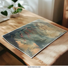 Asian Landscape Photographic Print, Cherry Blossom Tree Art, Japanese Scenery Wall Decor, Misty Mountain Artwork, Lake Reflection Photo - Tawshia