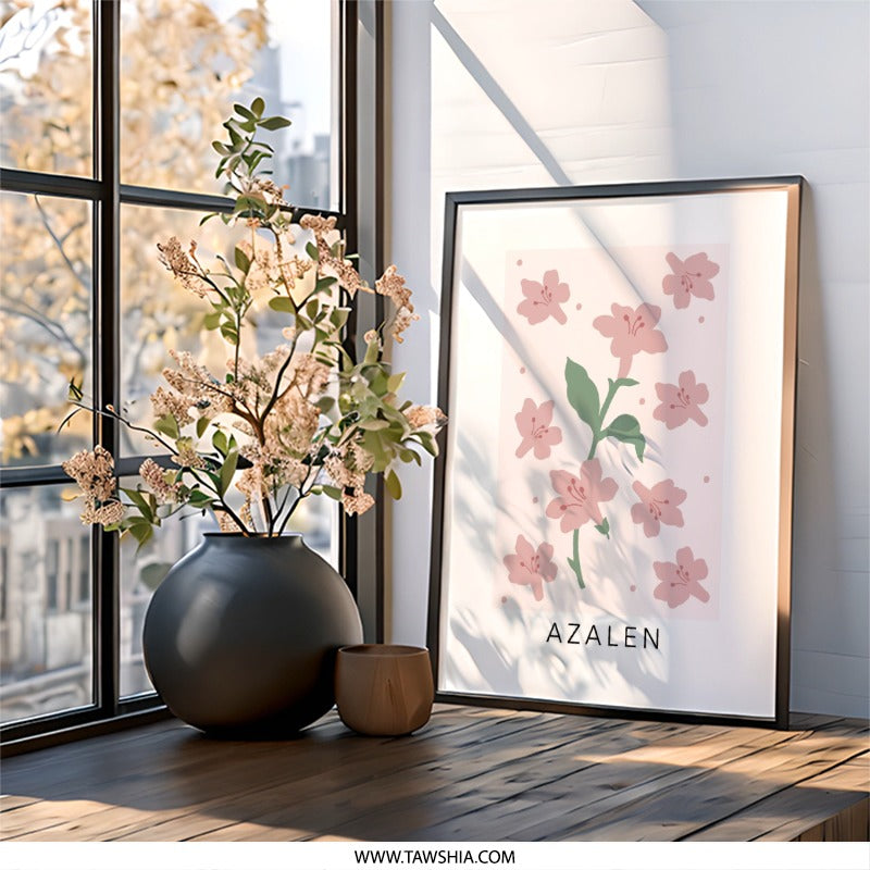 Azalea Wall Art, Floral Print, Botanical Art, Pink Flowers, Minimalist Art, Home Decor, Azalen, Flower Wall Decor, Scandinavian Design - Tawshia
