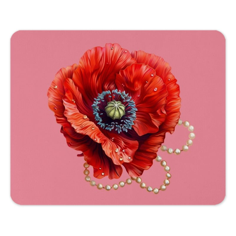 Red Poppy Mouse Pad, Floral Desk Accessory, Flower Art, Pearl Jewelry, Unique Computer Gift, Modern Office Decor, Elegant Desk Pad - Tawshia