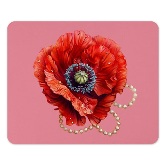 Red Poppy Mouse Pad, Floral Desk Accessory, Flower Art, Pearl Jewelry, Unique Computer Gift, Modern Office Decor, Elegant Desk Pad - Tawshia