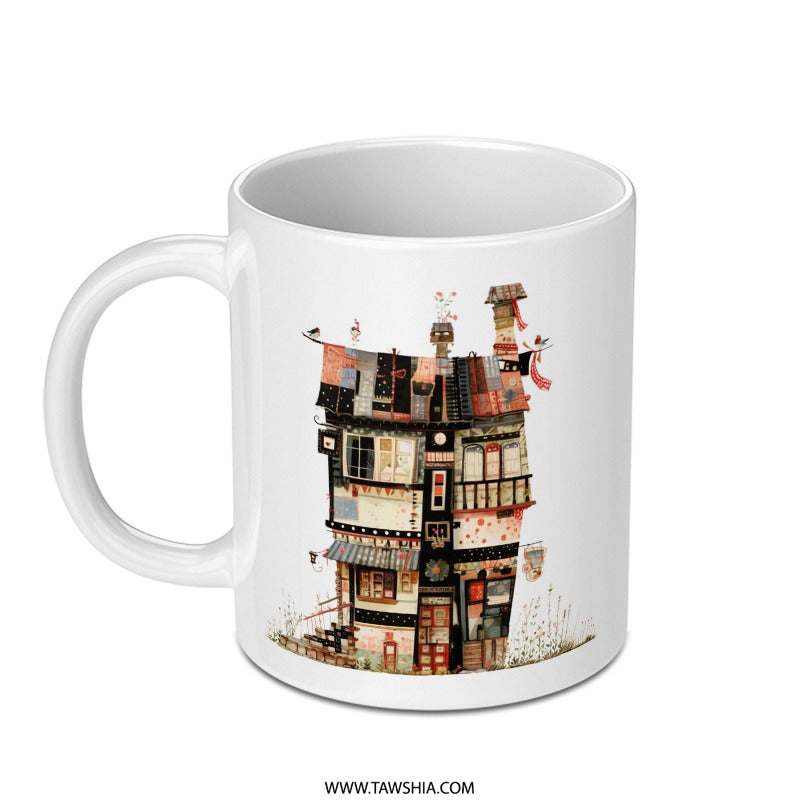 Quirky House Mug, Unique Home Gift, Whimsical Building Art Mug, Colorful Architecture Coffee Cup, Funky Urban Dwelling, Eclectic Decor Mug - Tawshia