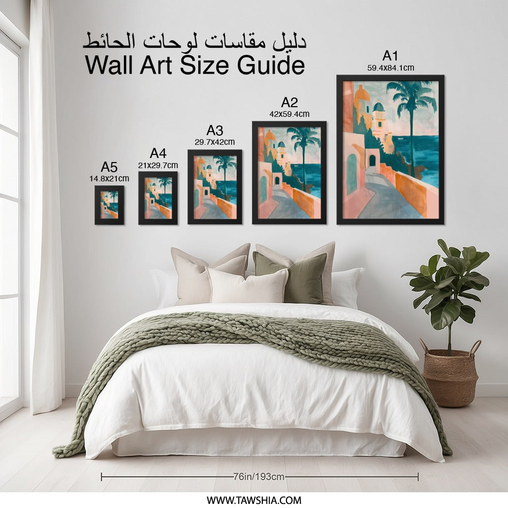 Coastal Village Wall Art, Tropical Palm Tree Print, Seaside Town Artwork, Italian Coast Scenery, Mediterranean Sea View Poster - Tawshia
