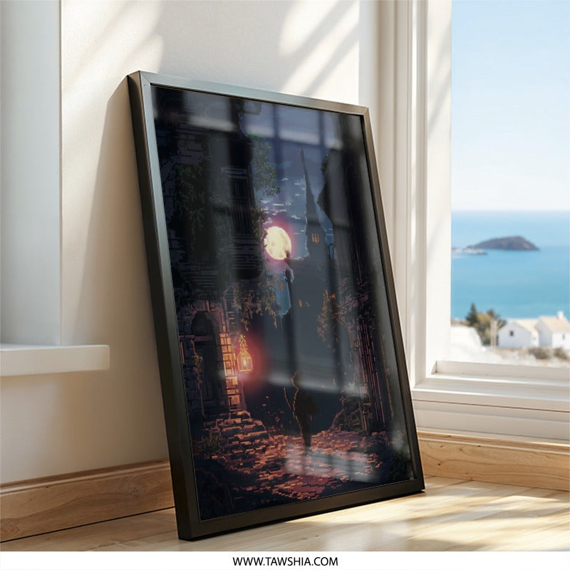 Pixel Art Wall Decor, Gothic Town Print, Dark Fantasy Art, Moonlight Scene, Atmospheric Wall Art, Gothic Decor, Video Game Inspired - Tawshia