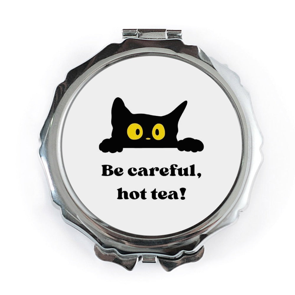Black Cat Pocket Mirror, Funny Cat Lover Gift, Hot Tea Warning Mirror, Sarcastic Kitty Compact Mirror, Cute Cat Design, Cat Mom Present - Tawshia