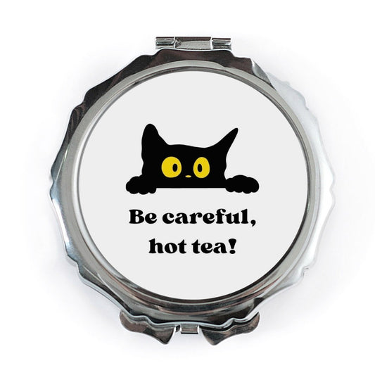 Black Cat Pocket Mirror, Funny Cat Lover Gift, Hot Tea Warning Mirror, Sarcastic Kitty Compact Mirror, Cute Cat Design, Cat Mom Present - Tawshia