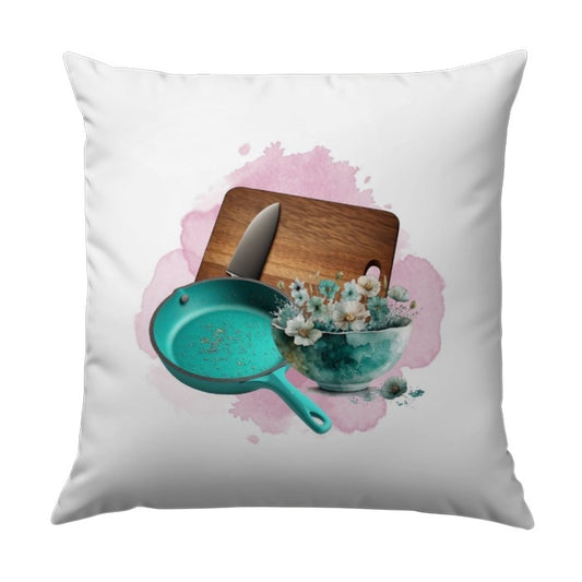 Kitchen Still Life Pillow, Cooking Theme Pillow, Cutting Board Art, Turquoise Pan, Floral Bowl, Knife Accent Pillow, Foodie Gift - Tawshia