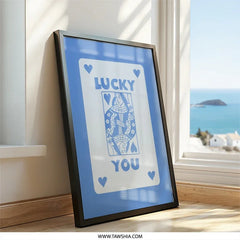 Lucky You Playing Card Wall Art, Queen of Hearts Print, Unique Blue Home Decor, Trendy Wall Hanging, Card Lover Gift - Tawshia
