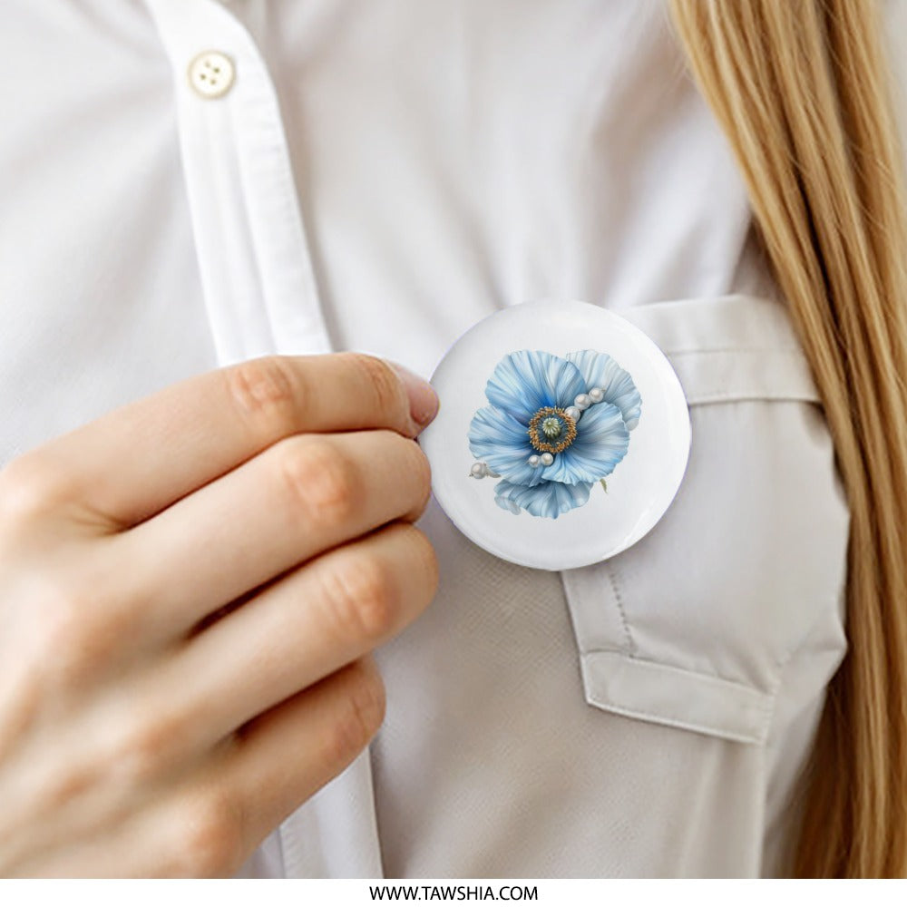 Blue Poppy Pinback Button, Floral Button Badge, Flower Lapel Pin, Elegant Pearl Accent, Botanical Art Pin, Cute Decorative Button - Tawshia