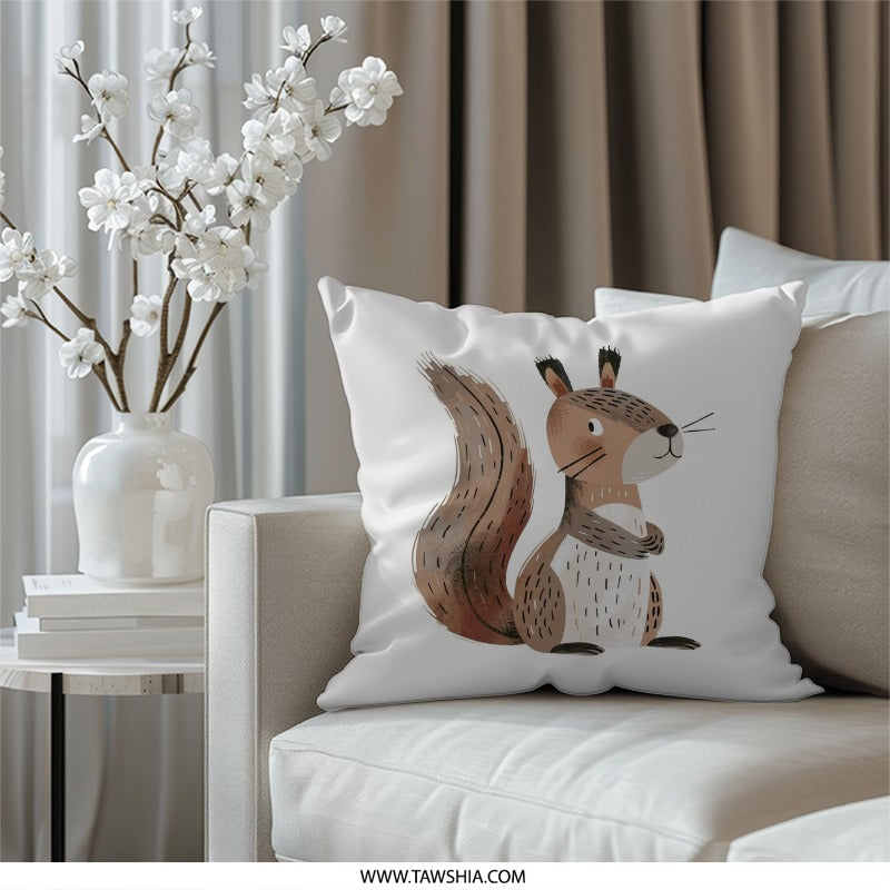 Cute Squirrel Pillow, Woodland Animal Pillow, Kids Room Decor, Nursery Pillow, Decorative Pillow, Cartoon Squirrel Design - Tawshia