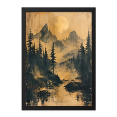 Mountain Moon Wall Art, Forest Landscape Print, Nature Artwork, Atmospheric Decor, Golden Moon Art Print, Wilderness Wall Decor - Tawshia
