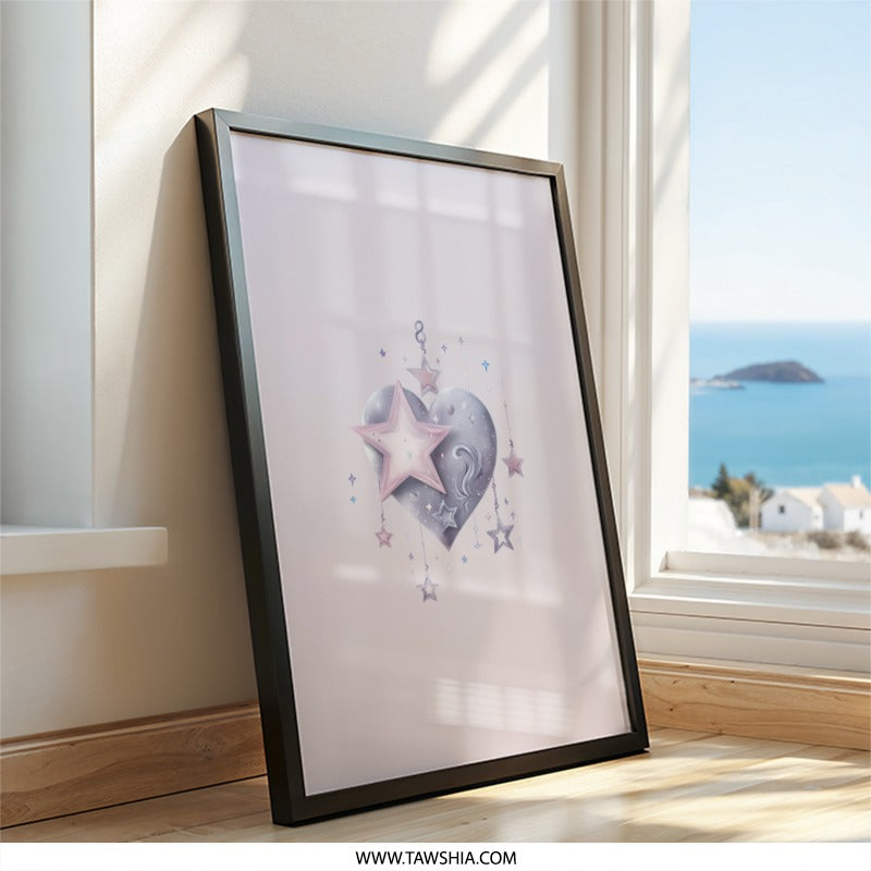 Heart and Stars Wall Art, Whimsical Decor, Celestial Print, Pastel Home Decor, Nursery Art, Dreamy Artwork, Gift Idea - Tawshia