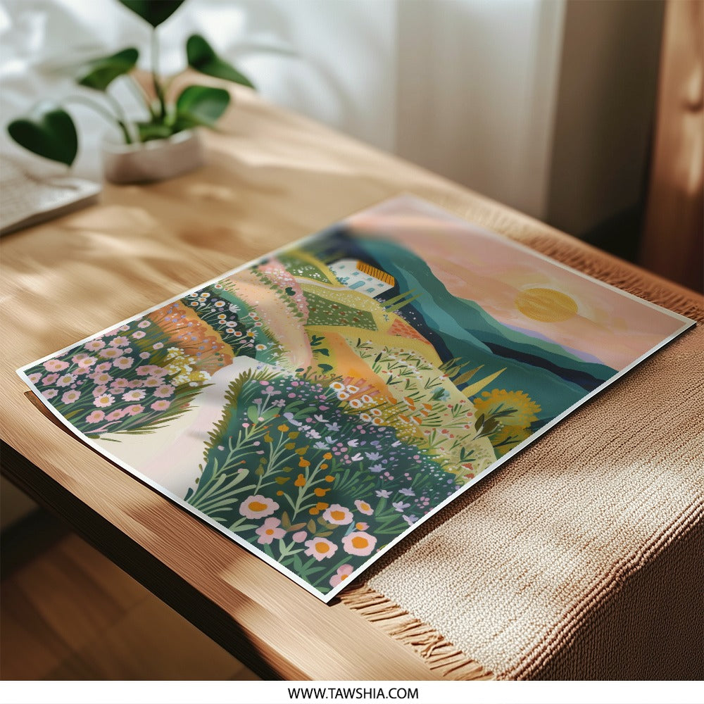 Tuscan Landscape Photographic Print, Italy Art Print, Villa and Flowers Wall Art, Italian Countryside Decor, Home Decor, Sunset Painting - Tawshia