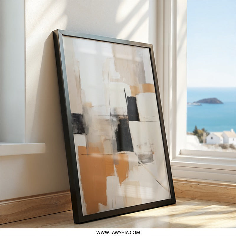 Abstract Wall Art, Modern Art Print, Beige Black Artwork, Home Decor Canvas, Contemporary Painting Style Art, Geometric Shapes, Wall Decor - Tawshia