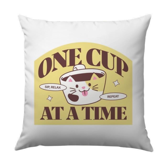 Cute Cat Pillow, One Cup At A Time Pillow, Funny Cat Design, Coffee Lover Gift, Decorative Pillow, Home Decor Pillow, Aesthetic Pillow - Tawshia