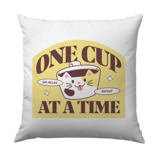 Cute Cat Pillow, One Cup At A Time Pillow, Funny Cat Design, Coffee Lover Gift, Decorative Pillow, Home Decor Pillow, Aesthetic Pillow - Tawshia