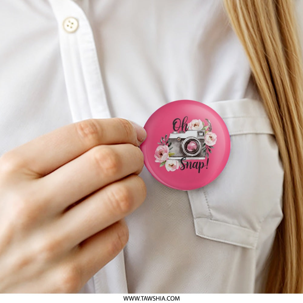 Oh Snap Camera Pinback Button, Floral Camera Button, Photographer Gift, Photo Lover Gift, Unique Pin Badge, Pink Button Badge, Photo Button - Tawshia