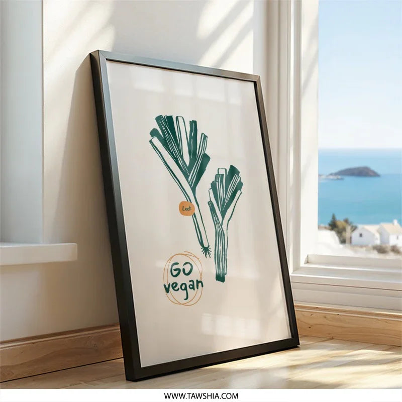 Go Vegan Leek Wall Art, Kitchen Art Print, Minimalist Food Art, Vegetable Poster, Modern Kitchen Decor, Farmhouse Art, Vegan Gift - Tawshia
