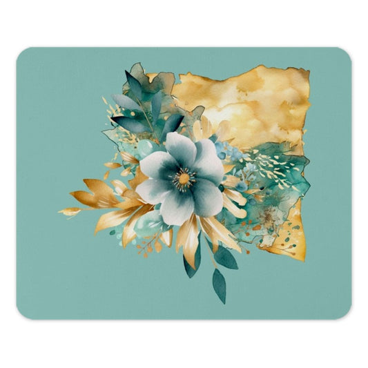 Floral Mouse Pad, Watercolor Flowers Art, Office Decor, Stylish Computer Accessory, Cute Desk Mat, Gift Idea, Teal and Gold Design - Tawshia
