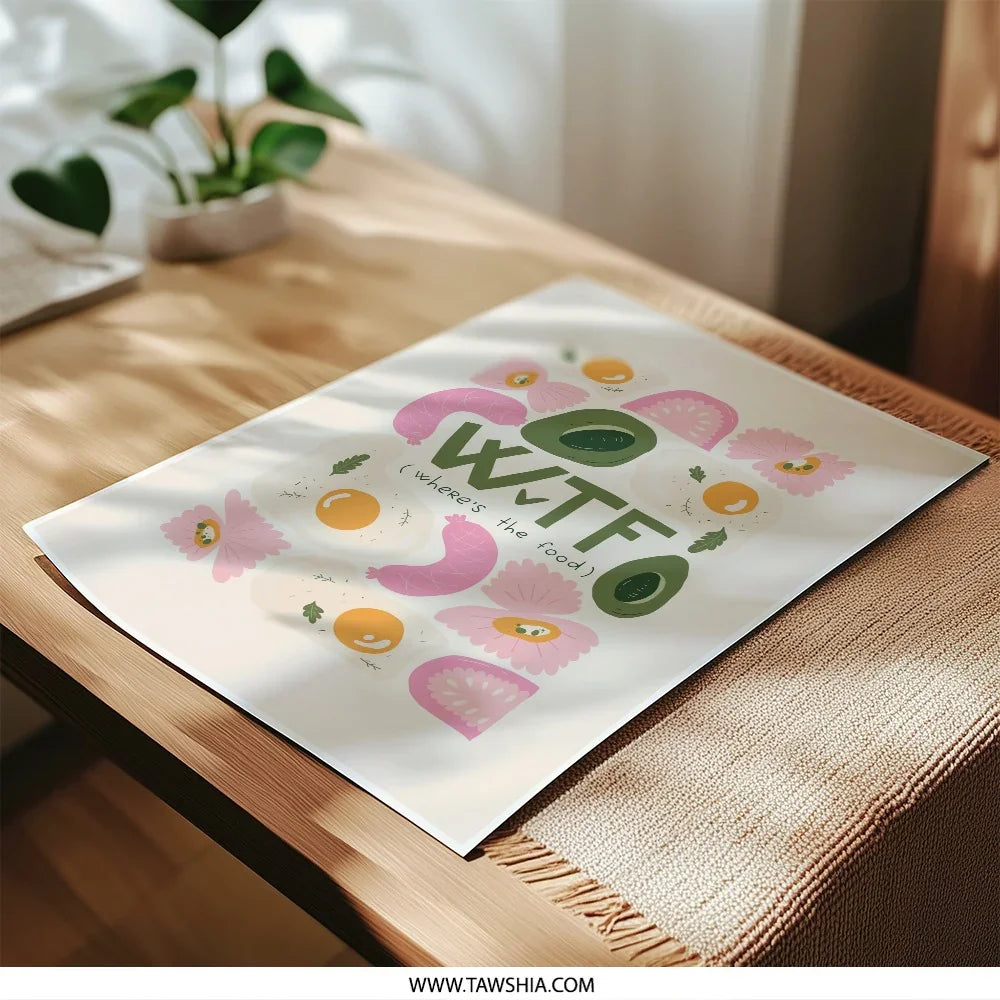 WTF Where's the Food Photographic Print, Foodie Art, Funny Kitchen Decor, Breakfast Art Print, Quirky Food Poster, Gift for Food Lover - Tawshia